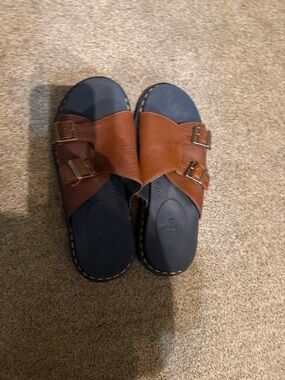 Dr. Martens Brown Leather Double-Buckle Slide Sandals with Black Footbed